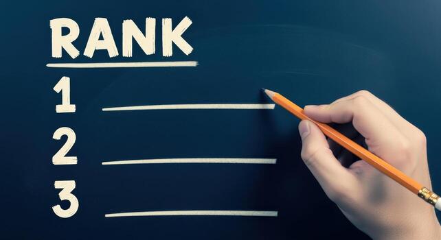 Top Ranking List Concept, Hand Holding Pencil on Dark Background Ready to Write photo