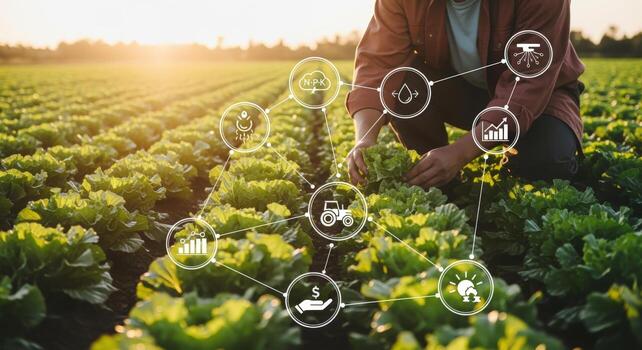 Farmer Inspecting Crops with Digital Technology Overlay Representing Smart Agriculture and Sustainable Farming Practices photo