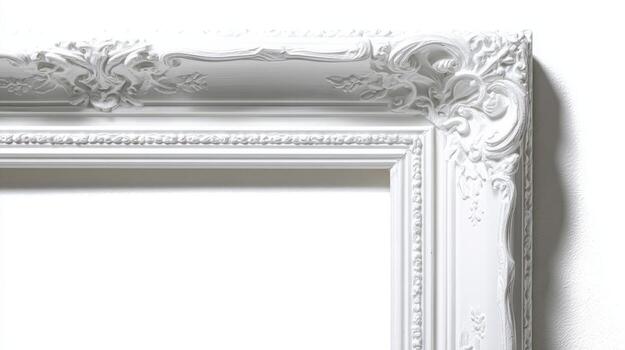Ornate White Picture Frame Detail, Empty Space for Art, Photography, or Mirror Display with Intricate Carvings photo