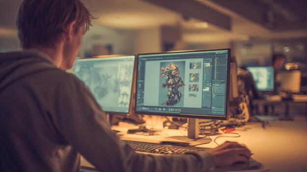 Professional Digital Artist Creating 3D Model on Dual Monitors in a Modern Office Environment photo