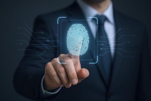 Biometric Identification Concept Man Touching Fingerprint Icon Displayed with Advanced Technology and Security in Digital World photo