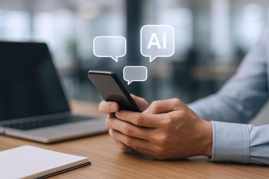 Person using AI Technology on Smartphone for Communication and Chatbot Application, Future Technology Concept photo