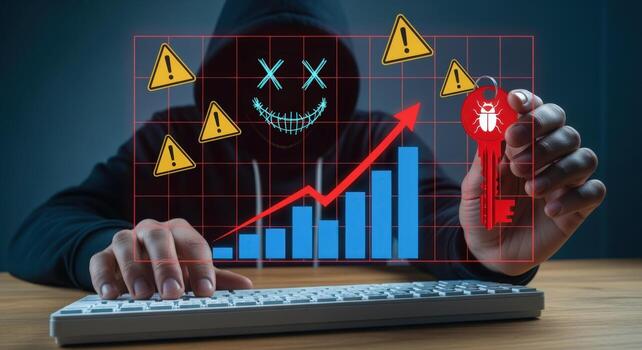 Hacker Exploiting Data and Security Weakness with Rising Chart and Warning Signs, Concept of Cybercrime and Security Threat photo