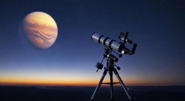 Telescope Observing Distant Planet at Dusk Exploring the Cosmos with Advanced Optical Equipment photo