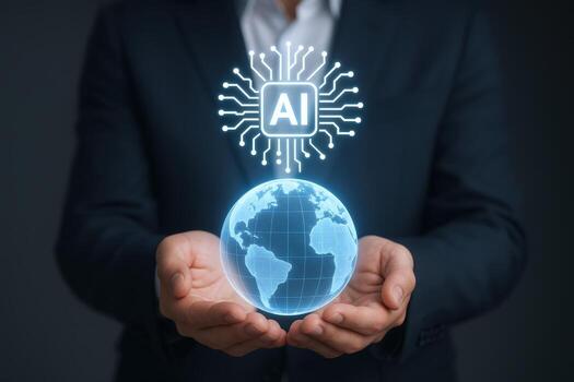 Global Artificial Intelligence Concept Businessman Holding Digital Globe with AI Chip Above in Futuristic Design photo