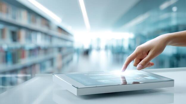 Womans Hand Interacting with Digital Tablet in Modern Library Information Access and Technology Concept photo