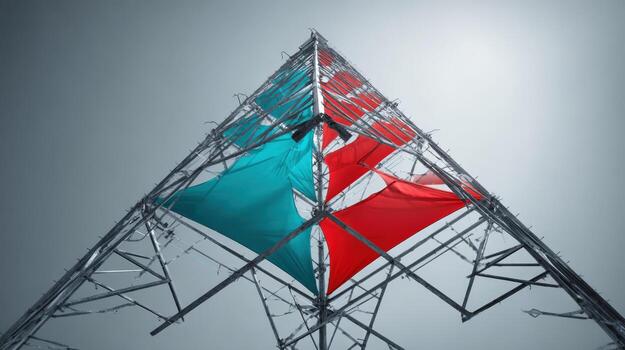 triangular metal estructura con azul y rojo paneles alcanzando hacia el cielo, resumen moderno Arte instalación foto
