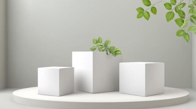 Elegant Product Display Podium Minimalist White Cubes with Green Leaves for Showcase and Promotion photo