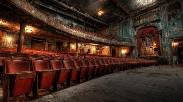 Grandeur and Decay Interior View of a Dilapidated Theater with Empty Red Seats and Ornate Architecture photo