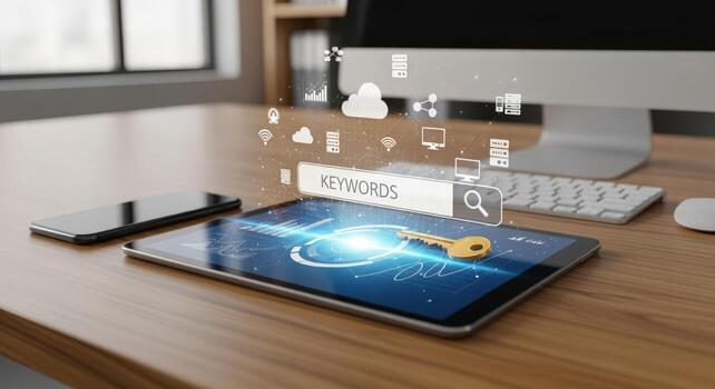 Keyword Research on a Tablet Display with Floating Icons, Business and Technology Concepts photo