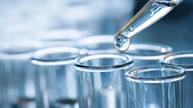 Close-up of liquid being dispensed from a pipette into multiple test tubes for scientific research photo