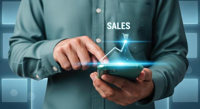 Man Using Smartphone with Sales Growth Chart Overlay, Representing Business Success and Digital Marketing Strategies photo