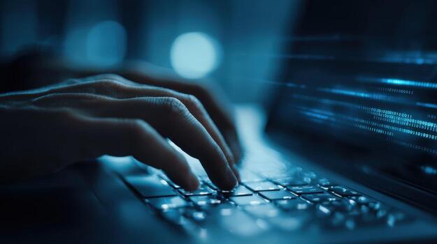 cerca arriba de manos mecanografía en iluminado ordenador portátil teclado en un oscuro azul ambiente foto