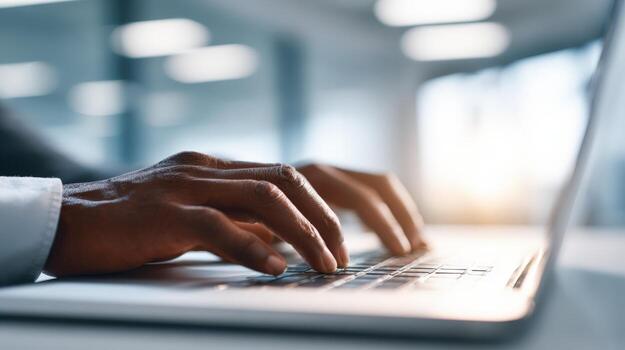 Close-up of Hands Typing on Laptop Keyboard, Emphasizing Focus, Productivity and Modern Workplace photo