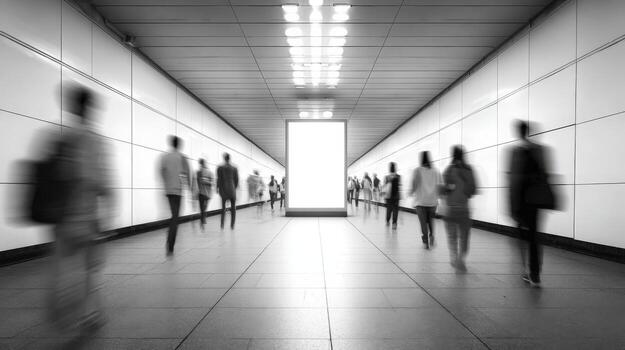Blurred Motion of People Walking Through Modern Subway Tunnel with Advertisement Space in Black and White photo