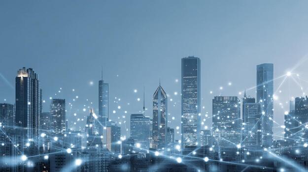 Futuristic Cityscape with Glowing Network Connectivity, High-Rise Buildings and Modern Architecture in Blue Tones photo