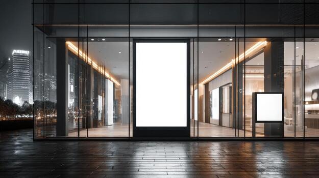 Modern Building Facade with Blank White Signage for Advertising Mockup in Urban Setting photo