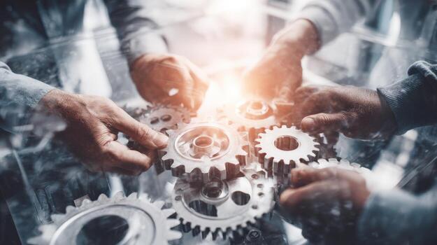 trabajo en equipo concepto manos arreglando engranajes juntos, simbolizando colaboración, negocio sinergia, y resolución de problemas para innovación foto
