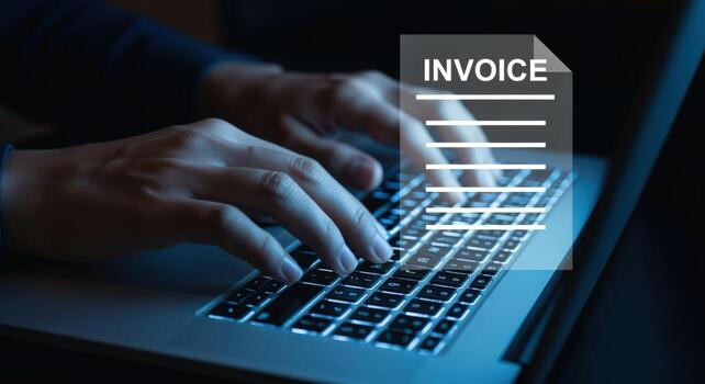 Online Invoice Creation Hands Typing on Laptop Keyboard with Digital Invoice Overlay, Illustrating E-Billing photo