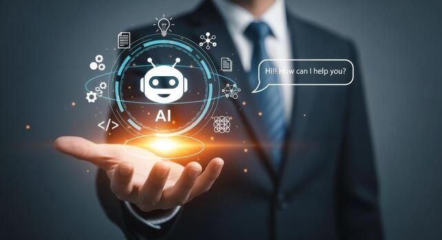 AI assistant concept Man presenting digital interface with chatbot and virtual support for business and technology photo