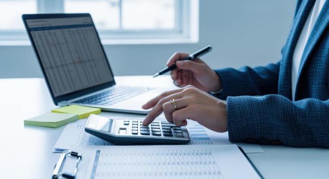 Accountant Analyzing Financial Data and Calculating Business Numbers with a Calculator and Laptop in the Office photo