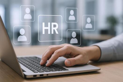 Human Resources Management Close-up of hand using laptop with HR icons, showcasing digital HR technology and recruitment strategies photo
