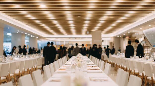 Elegant Wedding Reception Venue with Long Tables, White Linens, and Blurred Guests in Background photo