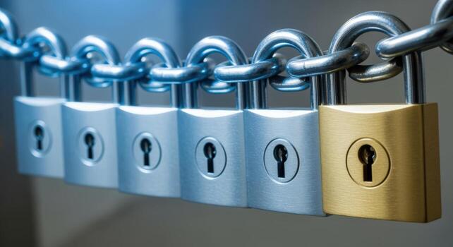 Chain of Padlocks with One Gold Lock Representing Security and Uniqueness in a Row photo