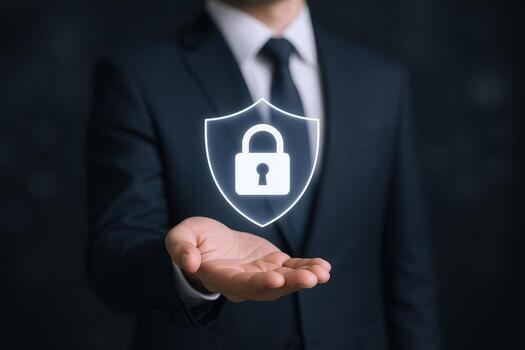 Businessman Protecting Data with Shield and Padlock Hologram Cybersecurity, Data Protection Concept photo