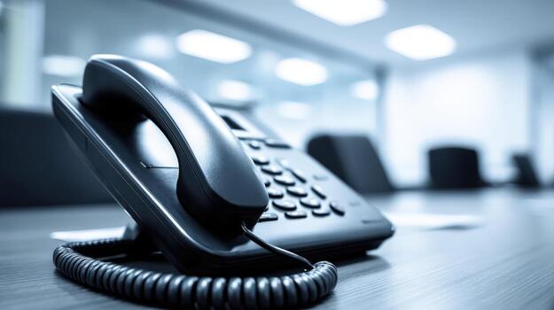 Office Phone on Conference Table Communication Device for Business Calls and Professional Conversations photo