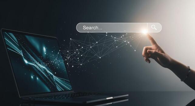 Conceptual image of online search with laptop and hand touching search bar, internet connectivity photo