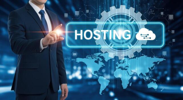 Professional Man Presenting Hosting Solutions with World Map and Gear Graphics for Global Business photo