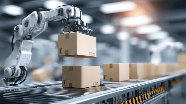 Automated Manufacturing Robotic Arm Lifting Cardboard Box in Modern Factory on Conveyor Belt for Shipping photo