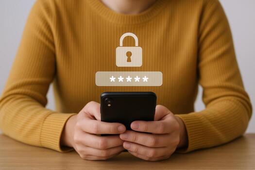 Woman holds smartphone with secure access icon, illustrating digital safety and data protection on mobile photo