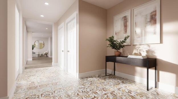 Elegant Hallway Interior with Neutral Palette, Stylish Console Table, Decorative Art and Patterned Tile Flooring photo