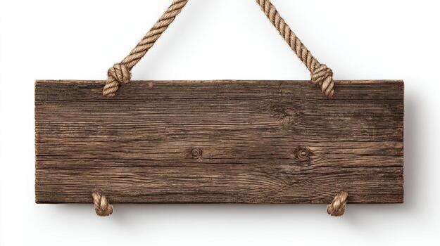 Blank Wooden Sign Hanging from Rope, Isolated on White Background for Customizable Messaging and Design photo