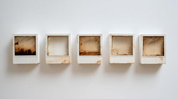 Five Vintage Photo Frames Displayed on White Wall, Abstract Texture, Nostalgic Art, Minimalist Aesthetic