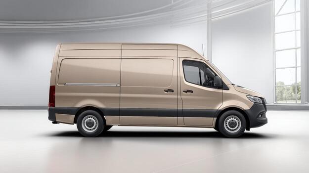 Beige Delivery Van Mockup in Studio Setting, Ideal for Transport, Logistics, and Courier Service Visualizations photo