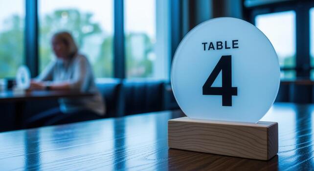 Table Number Four Sign on Wooden Restaurant Table with Blurred Background of Dining Area photo