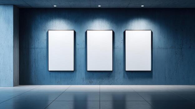 Three Blank Frames on Blue Wall Mockup for Art Display in a Modern Gallery photo