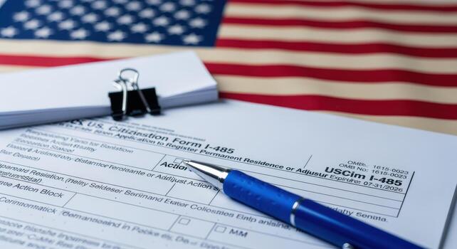 I-485 Form with Pen for Adjustment of Status in the United States with American Flag photo