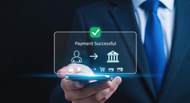 Successful Online Payment Transaction Businessman Holding Phone Displaying Confirmation of Digital Banking and Ecommerce Process photo