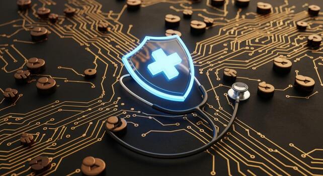 Healthcare Technology Integration Digital Health Shield with Stethoscope on Circuit Board Background Illustrating Medical Innovation photo