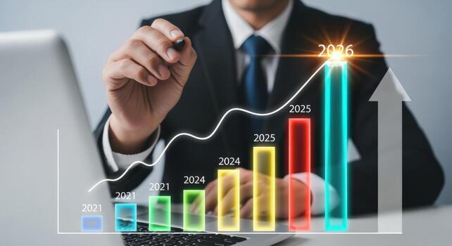 Business Growth Projection Man Analyzing Financial Data with Bar Chart Visualization and Upward Trend Arrow photo