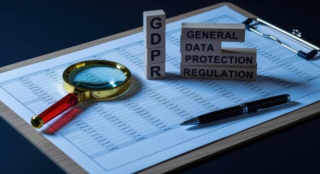 GDPR Compliance Review Data Protection Regulation Analysis with Magnifying Glass and Pen on Clipboard photo