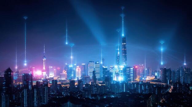 Futuristic Cityscape with Glowing Data Streams and Modern Architecture at Night, Representing Connectivity and Technological Advancement photo