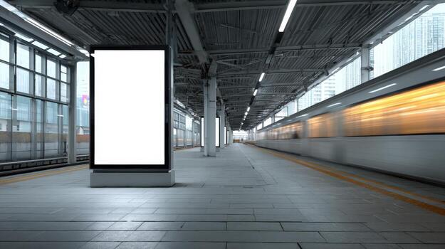 Blank Advertisement Billboard Mockup at a Train Station Platform with Train Motion Blur, Public Transit Advertisement photo