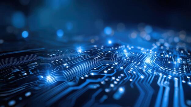 avanzado tecnología circuito tablero diseño con azul luz, futurista informática y digital innovación concepto foto