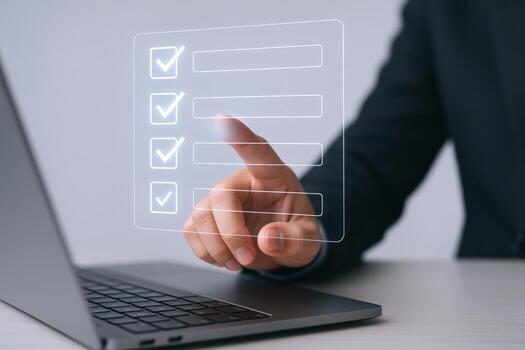 Digital Checklist Completion Businessman Interacting with Virtual Form on Laptop, Modern Business Efficiency photo