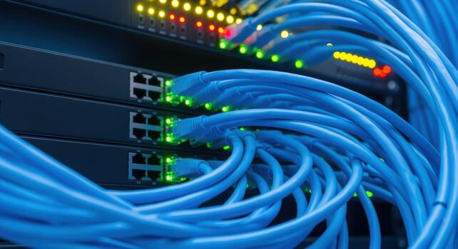 Network Server and Cables in a Data Center Connecting Devices and Providing Internet Access photo